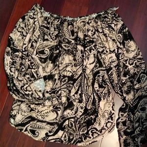 Tan and black Paisely, off the shoulder Shirt